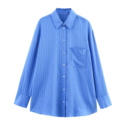 Damen Casual Blau Vertikal Gestreift Satin Hemd Und Hose Set Langarm Button-Down Top Kordelzug Weites Bein Hose