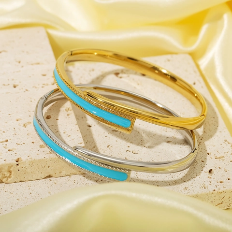Edelstahl Emaille Armreif 18K Vergoldet Geometrischer Offener Manschettenarmband Schmuck Für Damen Minimalistisch Wasserfest