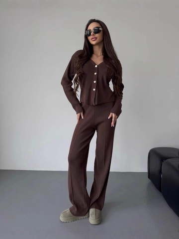 Completo In Maglia A Coste Cotone Donna Cardigan E Pantaloni Larghi Loungewear Streetwear Scollo A V Manica Lunga Abbottonato