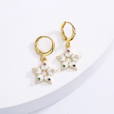 Star Pendant Hoop Earrings Bohemian 18K Gold Plated Copper Colorful Enamel Multi-Color Zircon Geometric Jewelry For Women
