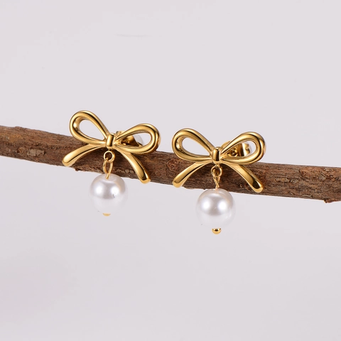 Collana E Orecchini Con Fiocco E Künstliche Perle Acciaio Inossidabile 304 Placcato Oro 18K Gioielli Di Design Elegante Per Donna