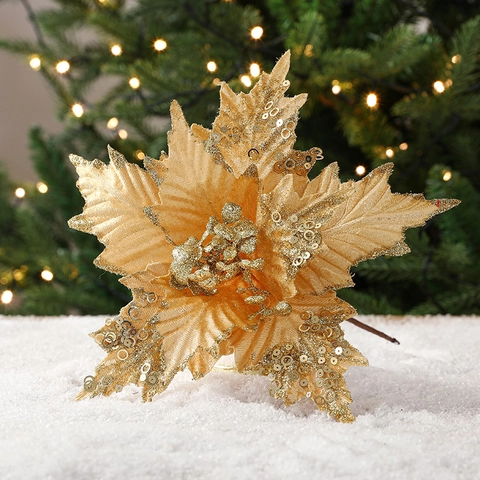 Artificial Christmas Poinsettia Flowers Glitter Sequin Fabric Floral Ornaments For Christmas Tree DIY Party Decor