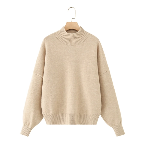 Women Mock Neck Knitted Sweater Long Sleeve Solid Color Loose Fit Casual Soft Warm Pullover Jumper
