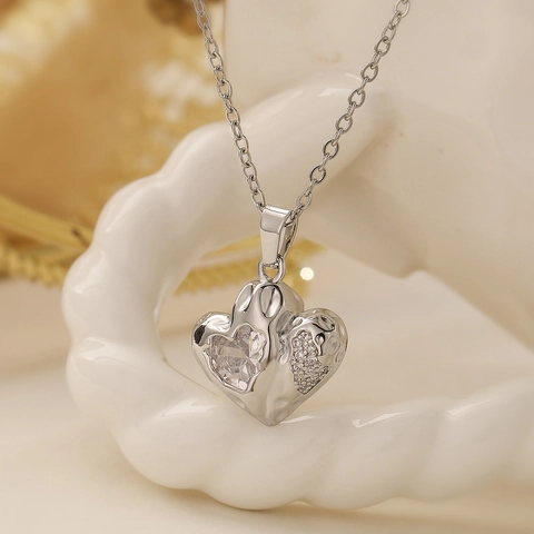 Heart Pendant Necklace Copper With Zircon Double Heart Design Chic Fashion Jewelry For Women Elegant Clavicle Chain