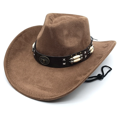 Western Cowboy Hat Faux Suede Fedora Wide Brim Bull Head Decor Adjustable Lanyard Outdoor Sun Hat For Men Women