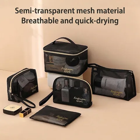 Mesh Makeup Bag Transparent Large Capacity Toiletry Organizer Portable Travel Cosmetic Pouch Zip For Women Black