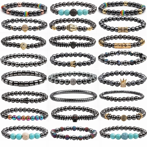 Natural Stone Hematite Beaded Bracelet Men Punk Skull Crown Lion Buddha Head Trendy Vintage Stretch Jewelry