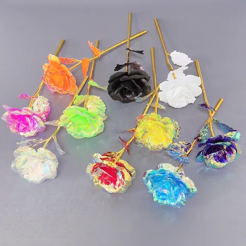 Gold Foil Galaxy Rose Artificial Flower Iridescent Holographic Rose Forever Rose With Love Base Gift For Valentines Anniversary