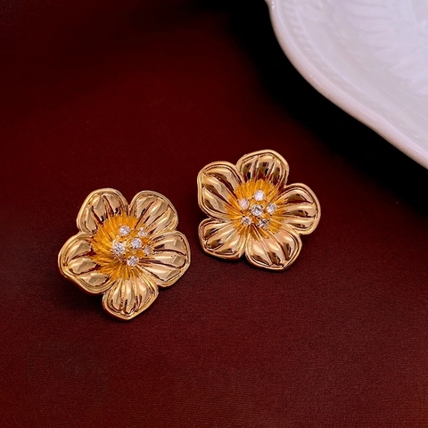 Flower Stud Earrings Copper Zircon With 925 Sterling Silver Earring Post Textured Five Petal Jewelry For Women