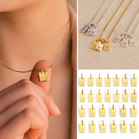 Alphabet Pendant Rectangle Stainless Steel Initial Charm Gold Plated DIY Jewelry Accessory Minimalist Engraved Letter