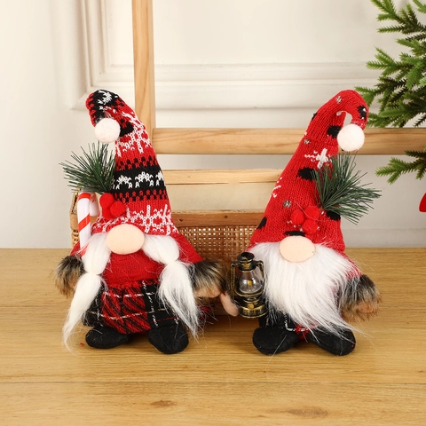Decorazione Gnomo Di Natale Bambola In Maglia Con Barba In Pelliccia Lanterna Bastoncino Di Zucchero E Aghi Di Pino Festa