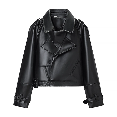 Veste De Moto Courte Pour Femme Similicuir PU Biker Col Revers Fermeture Éclair Streetwear Manches Longues Avec Ceinture
