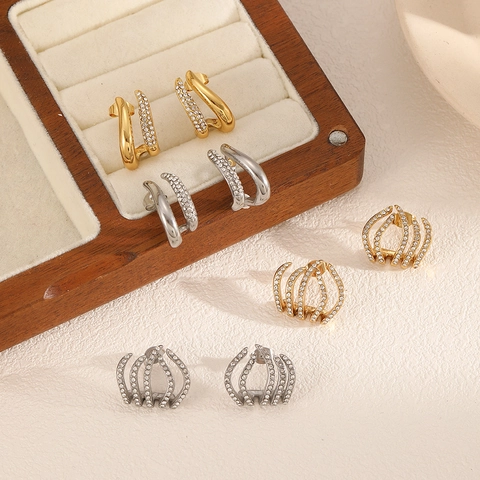 Edelstahl Ohrstecker Mit Pavé-Strasssteinen Mehrklauen-Lagen-Bogenlinie Luxus Mode Schmuck Für Damen