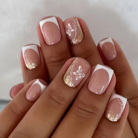 French Tip Press On Nails Butterfly Pattern Gold Glitter Square Nude Pink Elegant Wearable Fake Nails
