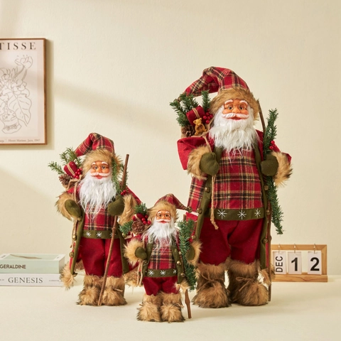 Bambola Babbo Natale Tradizionale Ornamento In Piedi Tessuto Quadri Rossi Pelliccia Sintetica Decorazione Casa Festiva