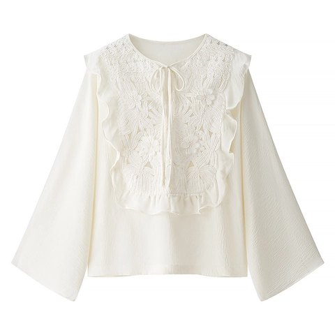 Women Lace Up Floral Embroidery Shirt And Mini Skirt Polyester Ruffle Elegant White Long Sleeve Streetwear Fashion