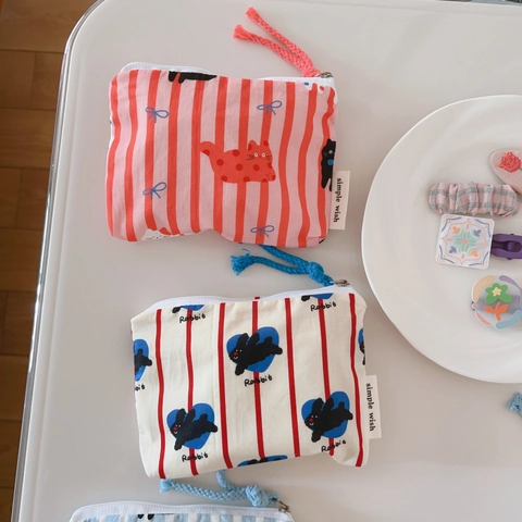 Mini Coin Purse Cotton Canvas Striped Cat Rabbit Print Zip Storage Bag For Earphones Lipstick Makeup Pouch