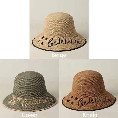 Raffia Straw Hat For Women Summer Beach Sun Hat With Embroidered Star Letter Foldable Wide Brim Dome Cap Casual