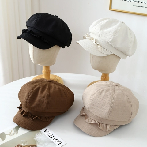 Casquette Gavroche Pour Femme Chapeau Octogonal Rétro Avec Bord À Volants Tissu Tissé Texturé Réglable Style Français Élégant