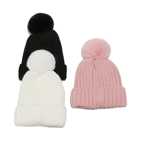 Knitted Winter Beanie Hat Faux Fur Pom-pom Thick Velvet Lining Ribbed Acrylic Warm Solid Color For Women Men