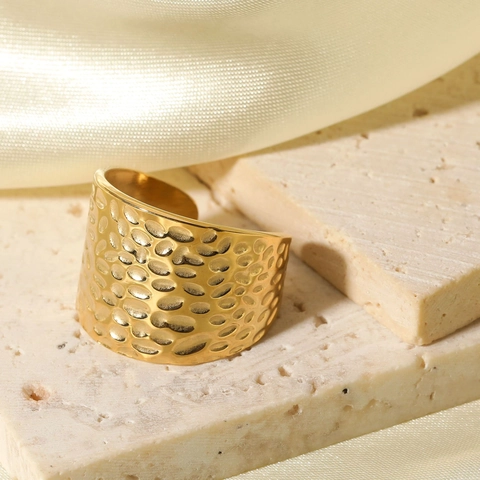 Vintage Hammerschlag Breitband Offener Ring Edelstahl 18K Vergoldet Verstellbar Übertriebener Klobiger Schmuck Damen