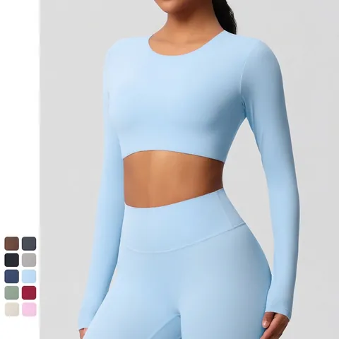 Women Yoga Workout Fitness Long Sleeve Crop Top And High Waist Leggings Tight Padded Solid Color Slim Fit Pilates
