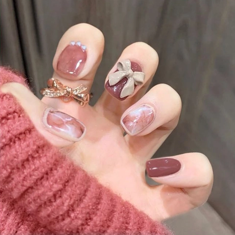 Short Square Press On Nails Red Pink Marble Smudge Relief Bow Artificial Pearl Detachable Sweet Style For Women With Glue