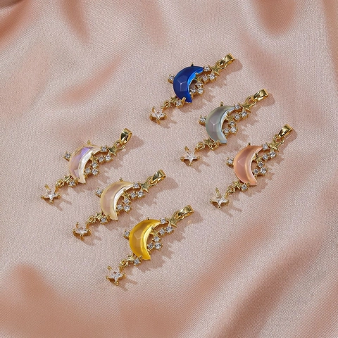 Pendente Luna E Stella Celeste Micro Zircone Resina Rame Placcato Oro 18K Per Creazione Gioielli DIY