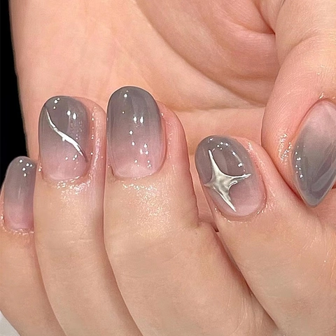 Uñas Postizas Press On Cortas Cuadradas Redondas Degradado Gris Rosa Ombré Con Estrellas Plateadas Brillantes Para Mujer