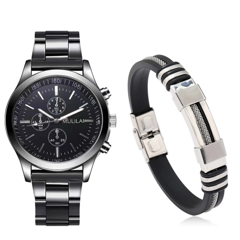 Heren Quartz Horloge En Armband Met Geschenkdoos Legering Roestvrij Staal Chronograaf Stijl Zakelijk Casual