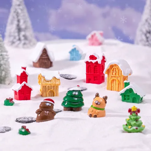 Mini Christmas Miniature Resin House Reindeer Snowman Gingerbread Man Figurine Micro Landscape DIY Desktop Decoration Festive Winter Ornament