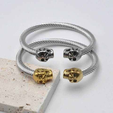Skull Head Open Cuff Bangle Stainless Steel Twisted Cable Wire Bracelet Punk Hip Hop Gothic Jewelry Adjustable