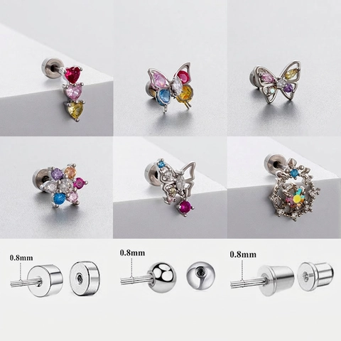 Butterfly Heart Flower Cartilage Stud Earrings Titanium Steel Colorful Zircon Screw Back Piercing Jewelry For Women