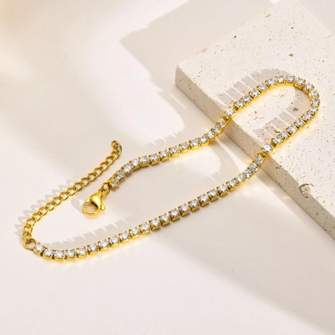 Minimalist Tennis Bracelet And Anklet For Women Stainless Steel Gold Plated With Round Cubic Zirconia Adjustable