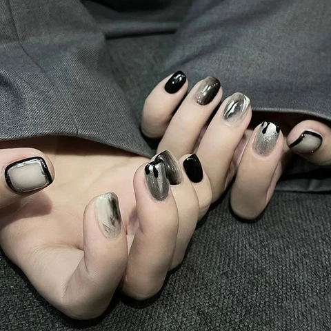 Press On Nails Short Square Round Black Silver Marble Gradient Metallic Cool Dark Style Artificial Fingernails For Women