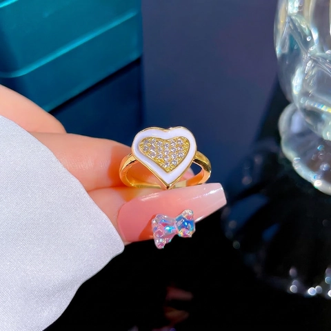 Herz Ring Gold Vergoldete Legierung Mit Weißer Emaille Und Zirkon Strass Offen Verstellbar Schmuck Damen