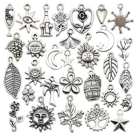 Charms Ciondoli Lega Zinco Vintage Argento Antico Stella Luna Sole Foglia Fiore Forme Per DIY Creazione Gioielli