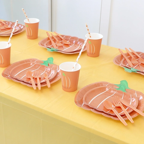 Pumpkin Shaped Disposable Tableware Party Supplies Paper Plates Cups Napkins Straws Plastic Cutlery For Halloween Autumn