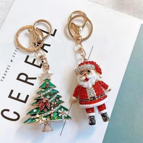 Porte-Clés De Noël Strass Alliage De Zinc Père Noël Sapin De Noël Pendentif Charme De Sac Cadeau De Vacances Mignon