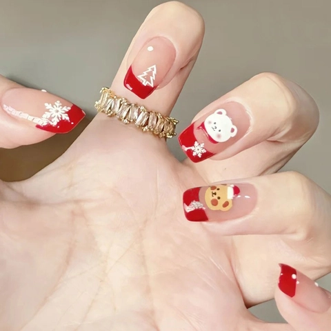 Unghie Finte Natalizie Press On Rosse French Corte Con Design Orso Fiocco Di Neve Plastica ABS Carine Festive Per Donne