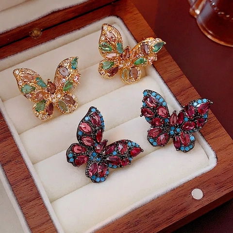 Vintage Schmetterling Ohrstecker Mit Silbernem Ohrstecker Bunter Zirkon Strass Retro Luxus Schmuck Für Damen