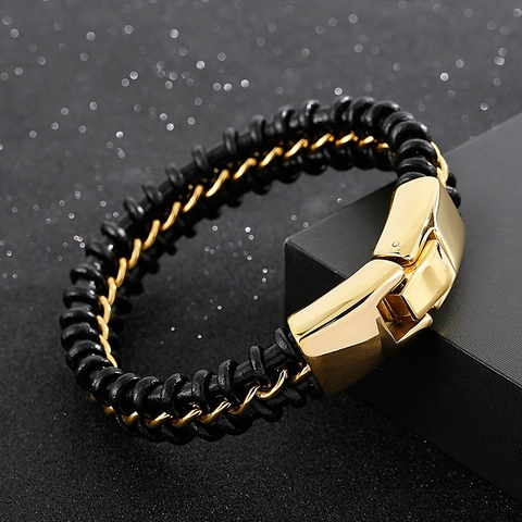 Herren Geflochtenes Lederarmband Mit Edelstahlkette Punk Hip Hop Retro Gewebtes Armband