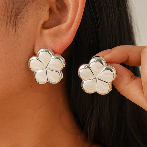 Large Five Petal Flower Stud Earrings With Steel Earring Post Mirror Finish Elegant Metal Jewelry For Women
