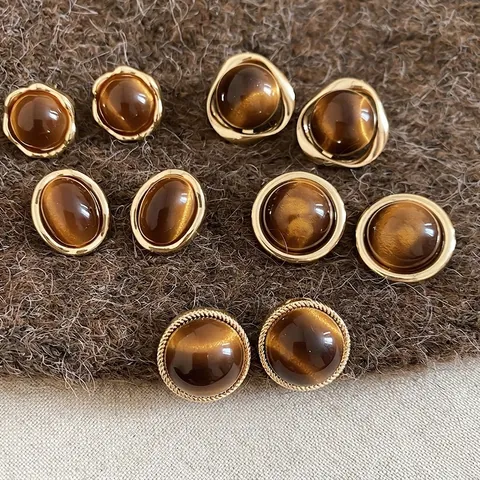Vintage Tiger Eye Stone Stud Earrings With Silver Earring Post 18K Gold Plated Geometric Elegant Jewelry For Women