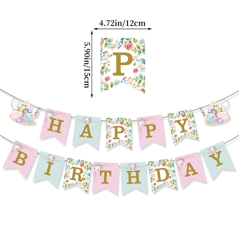 Floral Happy Birthday Banner Tea Party Decorations Pink Blue Vintage Garden Party Paper Bunting For Girls Women Birthday Party Supplies