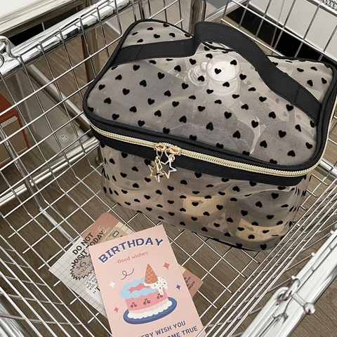 Flocked Heart Mesh Makeup Bag Portable Large Capacity Cosmetic Travel Organizer With Star Zipper And Top Handle