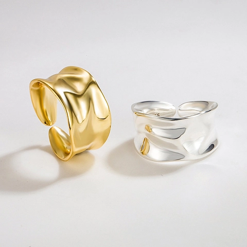 Irregular Hammered Copper Open Ring For Women Men Minimalist Geometric Wave Texture Electroplated Adjustable Finger Ring