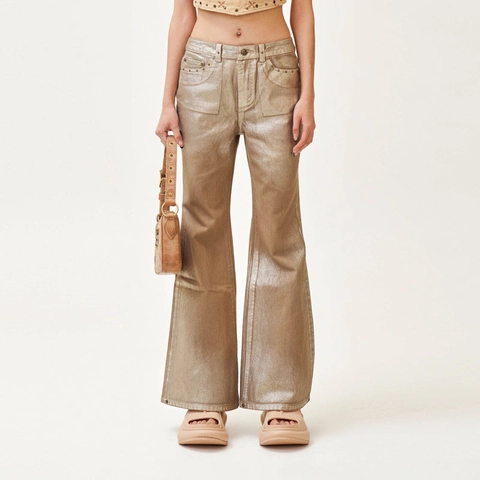 Damen Schlagjeans Mit Hoher Taille Champagner Gold Metallic Beschichtete Baumwolle Denim Retro Chic Lange Hose