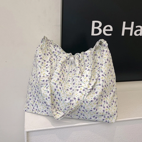 Florale Tote Bag Damen Canvas Große Kapazität Kordelzug Umhängetasche Lässiger Stil