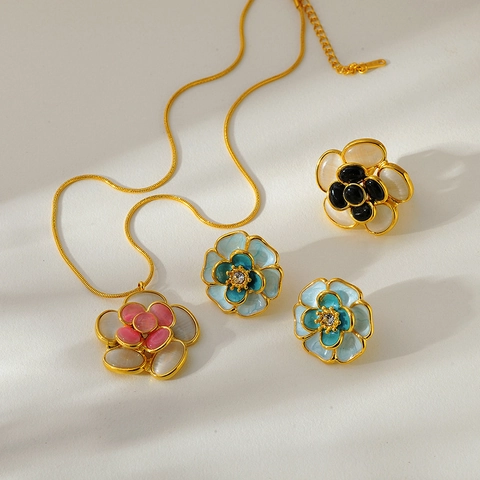 Stainless Steel Flower Necklace Earrings Ring Jewelry Set For Women Gold Plated Cat Eye Stone Rhinestone Enamel Camellia Pendant Jewelry